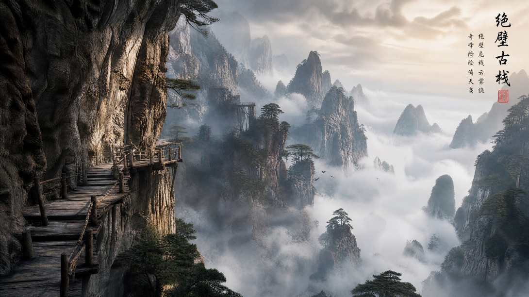 绝壁古栈 云雾缭绕 奇峰险峻 雄奇古风 4K 壁纸 - 唯爱壁纸