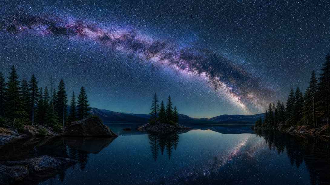 星空下的宁静湖面，银河倒映在水中，周围有松树轮廓，夜景，超现实主义，8K分辨率 - 唯爱壁纸